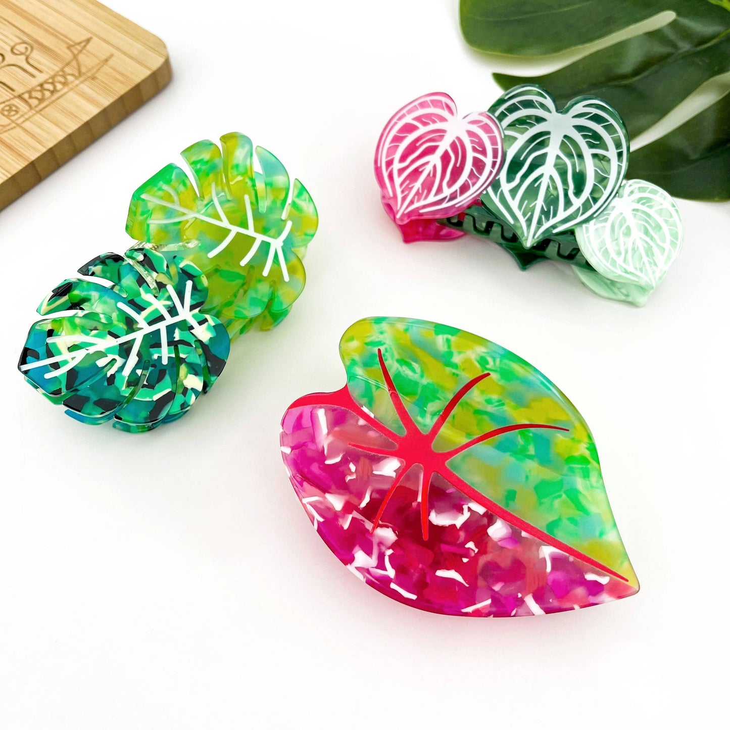 Red Palm Leaf & Monstera Acetate Hair Claw Clip: B
