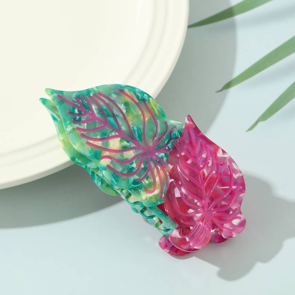 Vibrant Tropical Leaf-Shaped Botanical Hair Claw Clips: RoseGreen