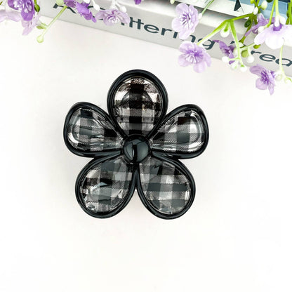 Plaid Flower Hair Claw Clip: Black
