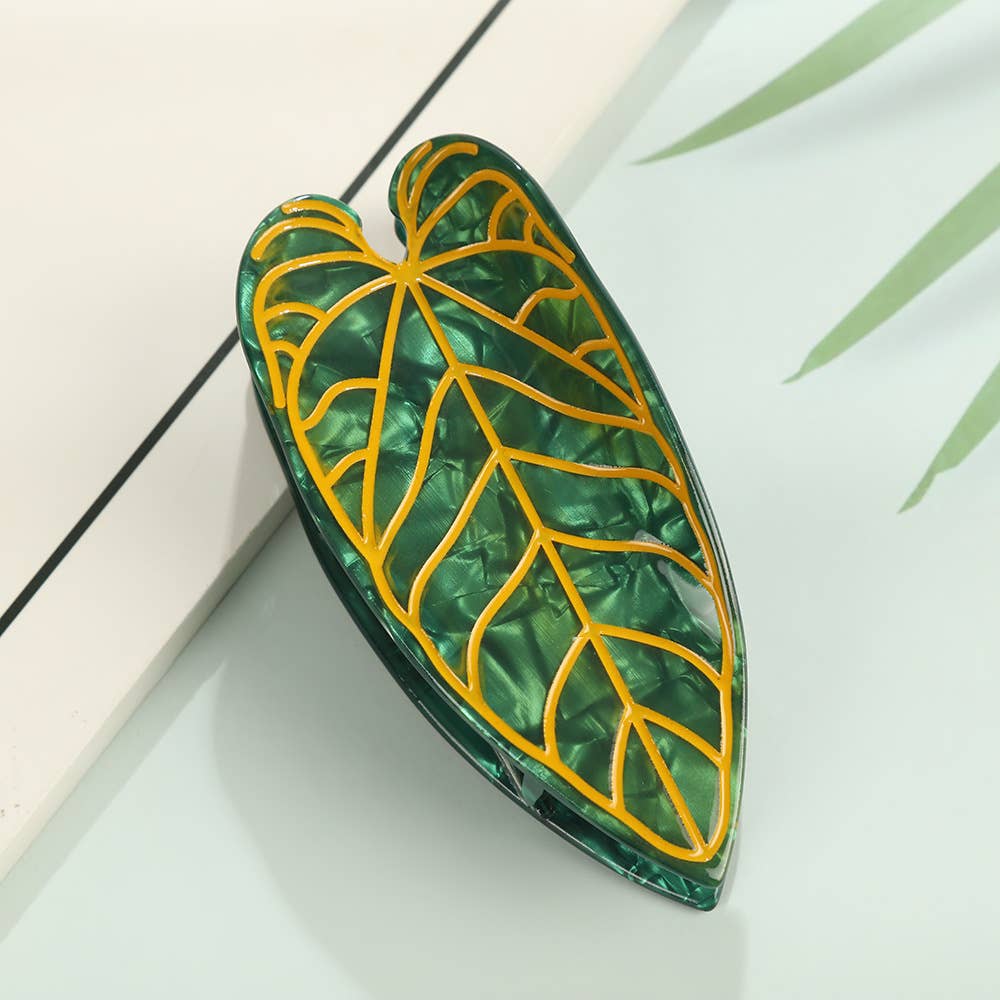 Tropical Leaf-Shape Botanical Acetate Hair Claw Clip: RedGreen