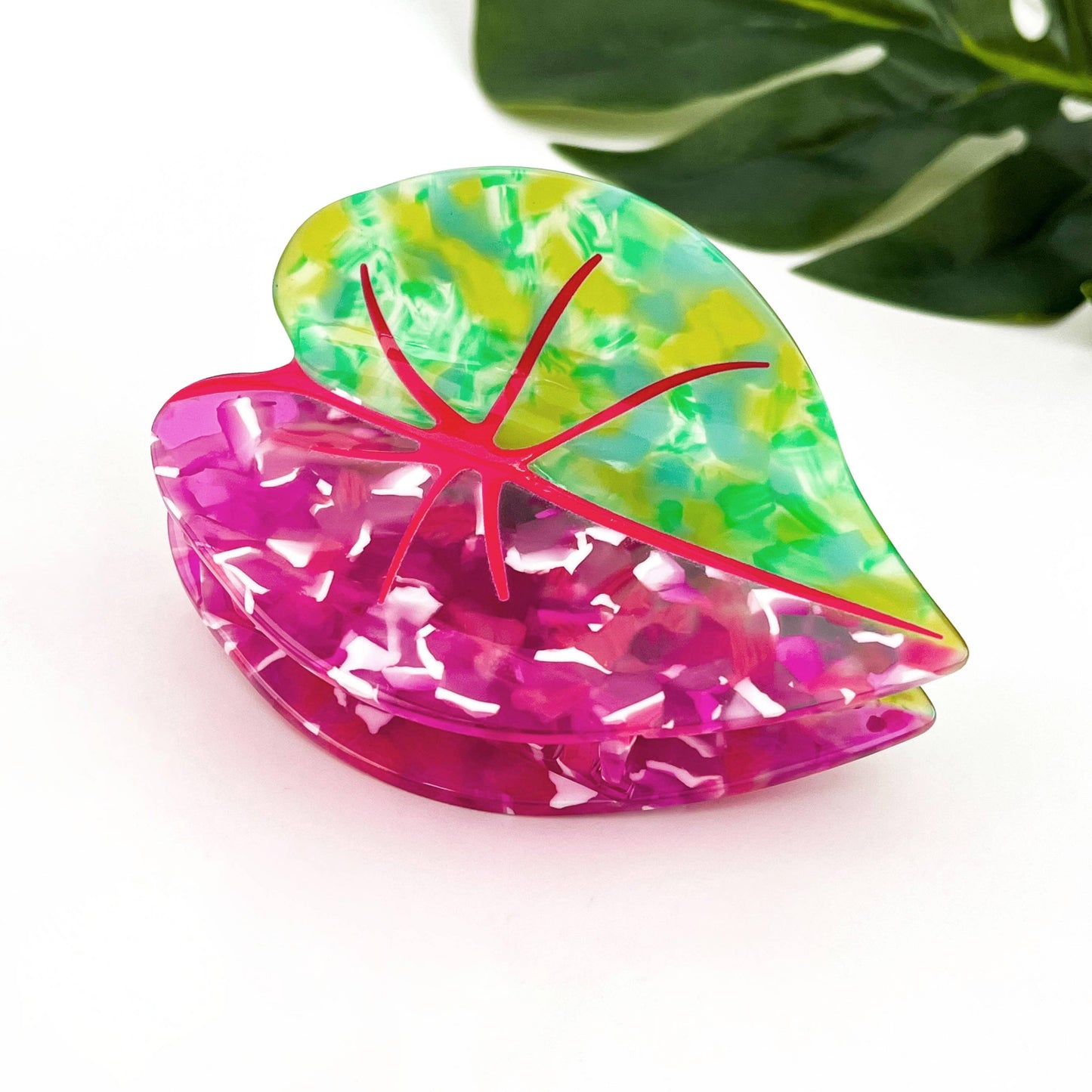 Red Palm Leaf & Monstera Acetate Hair Claw Clip: C