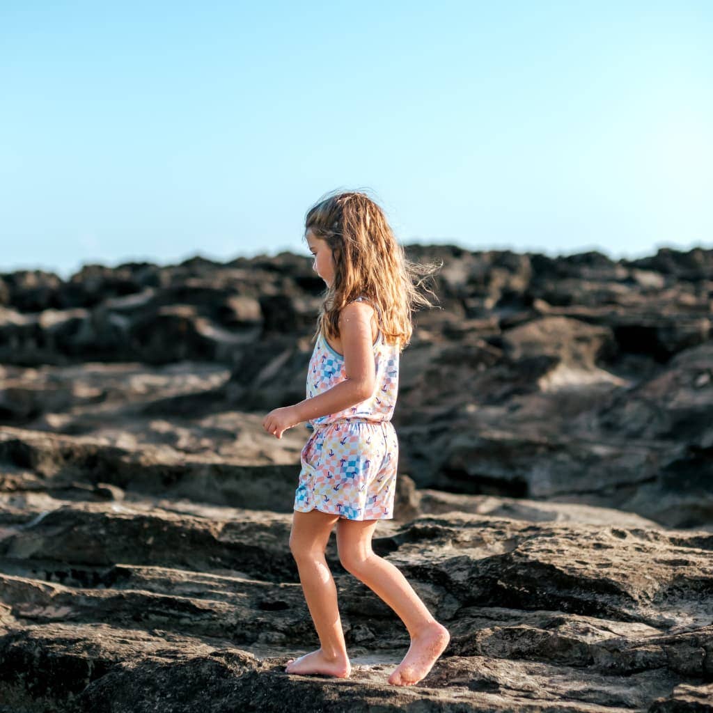 Sunset Checker Girls Shortie Bamboo Romper: 3T