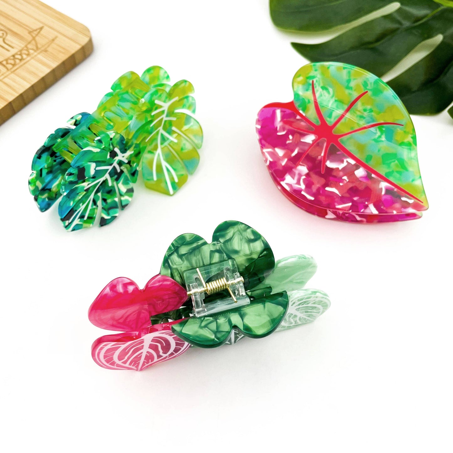 Red Palm Leaf & Monstera Acetate Hair Claw Clip: B