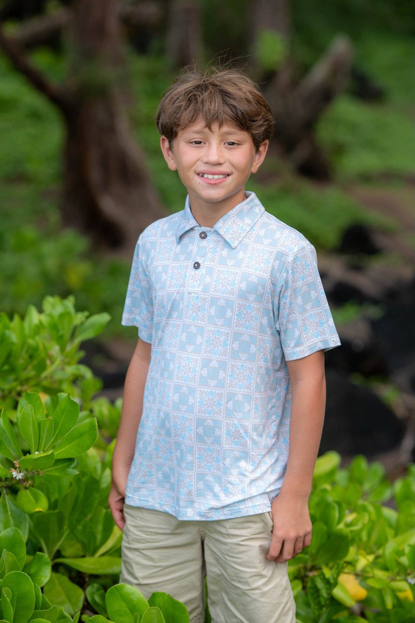 Blue Kuiki Naupaka Bamboo Kalei Athletic Polo: 6Y