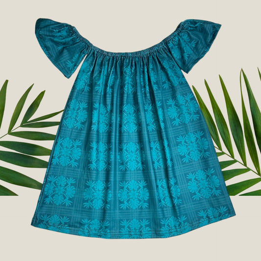 Teal Tropical Palaka Off the Shoulder Dress